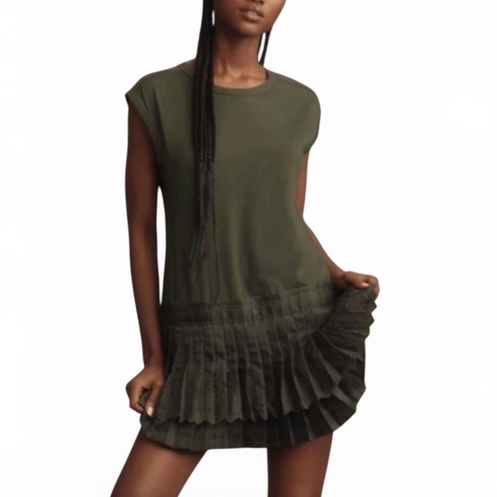 Daily Practice Anthropologie Olive Green Drop Waist Pleated Mini Dress Medium